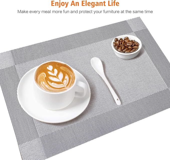 Placemats Set of 6, Vinyl Weave Silver Non Slip Table Mats | Heat Resistant - Image 5