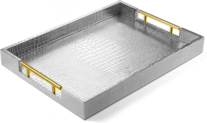 ATZYmolin 17"x12" Leather Serving Tray, Polished Metal Handles, Coffee Table by ATZYmolin