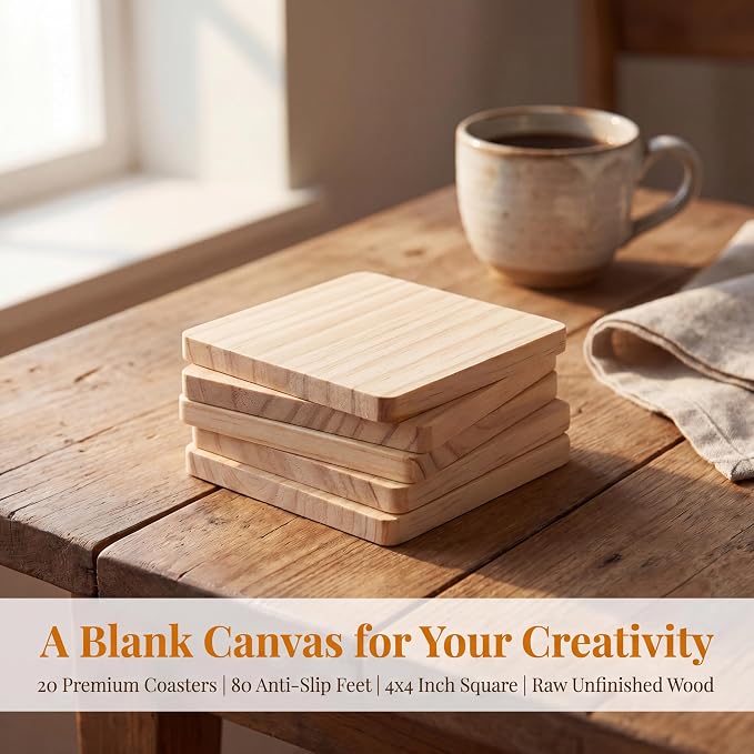 Dicunoy 20 Pack Unfinished Wood Coasters, Square Coasters - Image 4