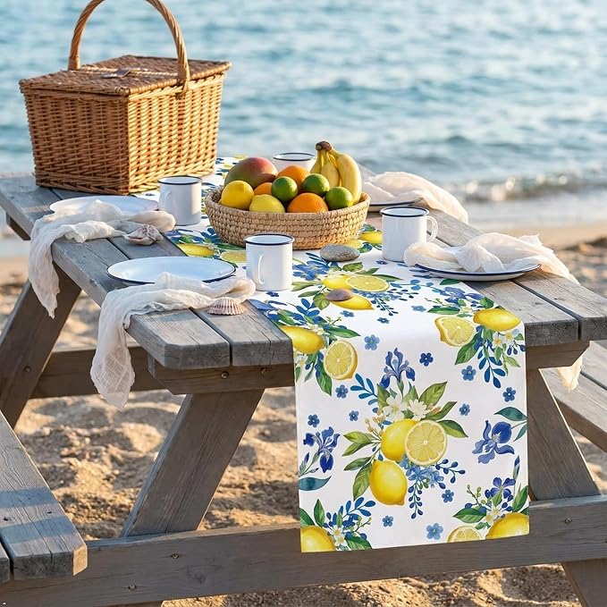 Lemon and Blue Floral Table Runner | Linen Texture Fabric, Easy Care Machine - Image 5