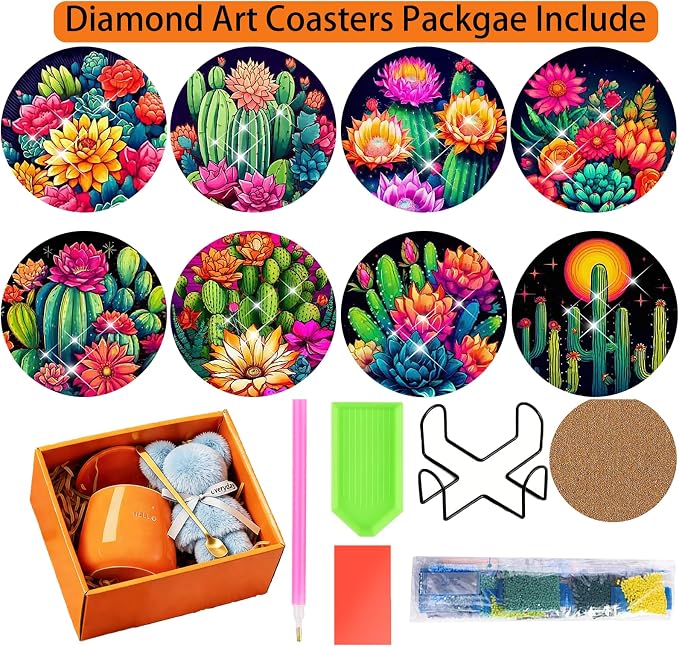 Colorful Cactus Diamond Art Coasters 8 Pcs | Diamond Painting Set, DIY Arts and - Image 3