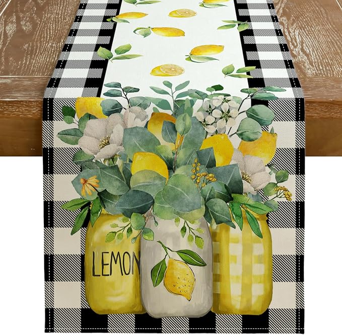 Black Buffalo Check Summer Table Runner 13 x 60 Inch, Lemon Vase Spring by GEEORY