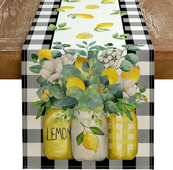 Black Buffalo Check Summer Table Runner 13 x 108 Inch, Lemon Vase Spring by GEEORY