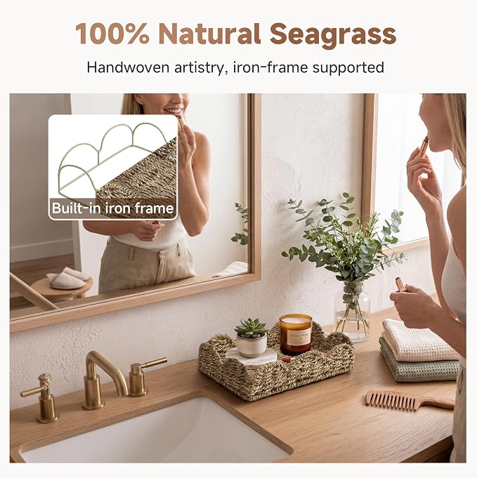 StorageWorks Small Wicker Scalloped Trays, Natural Seagrass Serving Tray | - Image 7