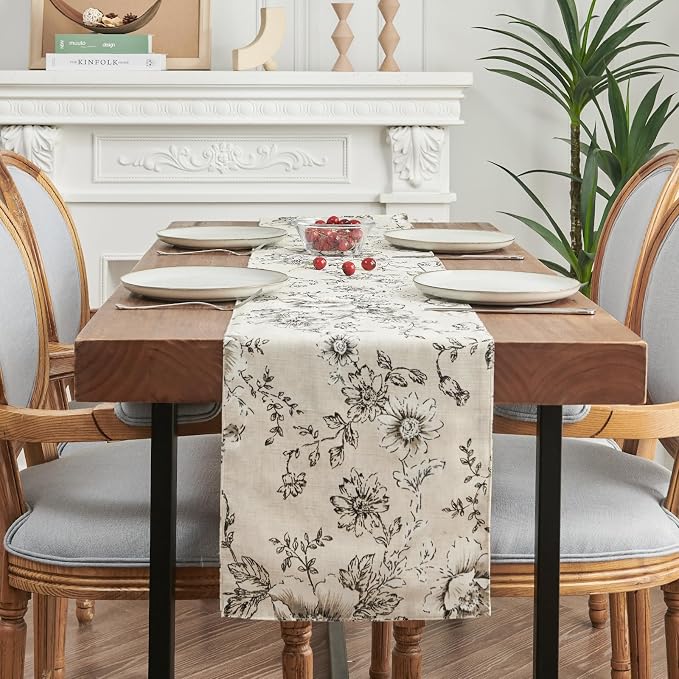 jinchan Black Floral Linen Table Runner 13 x 90 Inch Farmhouse | Long floral - Image 7