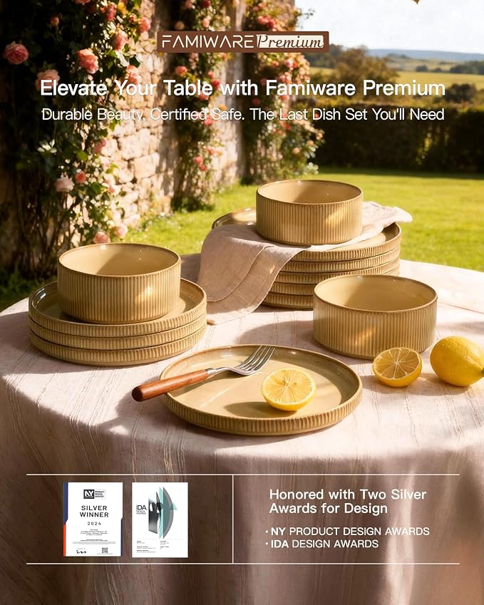 Dinnerware Set for 6, Ceramic Ribbed Plates, Dishes | 18-Piece Stoneware Dinner - Image 7