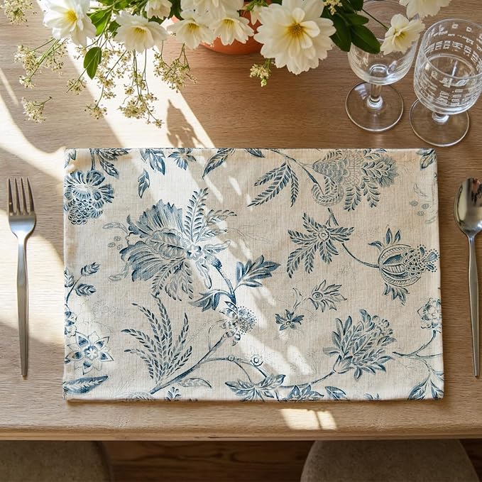 JINCHAN Sliva Linen Floral Placemats Set of 4 Farmhouse 13x19 Inch Blue | by JINCHAN