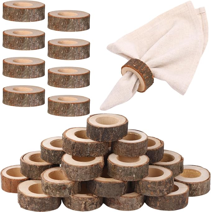 Tessco for you Set of 48 Handmade Wood Napkin Rings, Round Bark Napkin Ring by Tessco