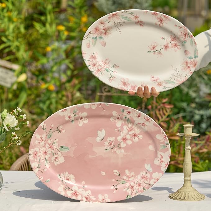 Bico Spring Sakura 16 plus 14 inch Ceramic Oval Platters Set, Microwave & - Image 4
