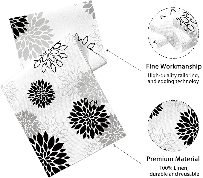 Dahlia Flower Table Runner 13x36 Inch Farmhouse Black Gray Runners Modern Table - Image 2