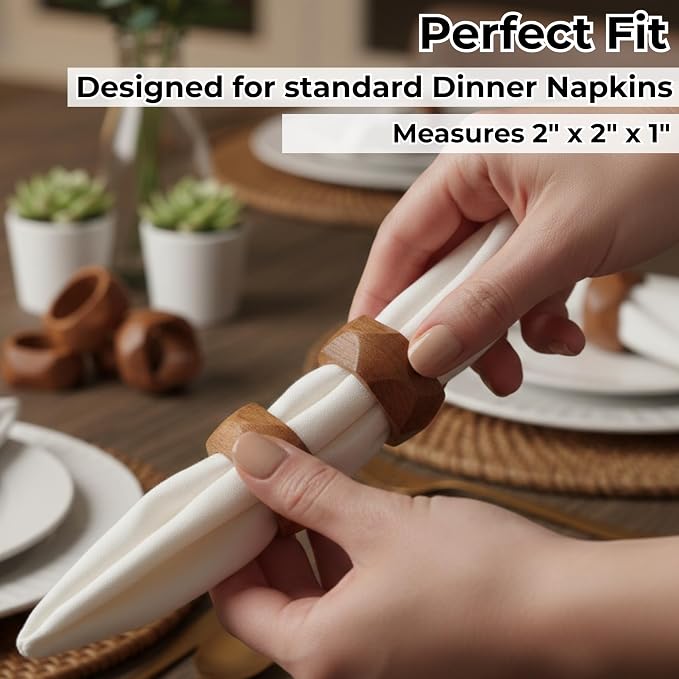 Square Acacia Wood Napkin Rings, diamond-cut edge, natural grain finish - Image 4