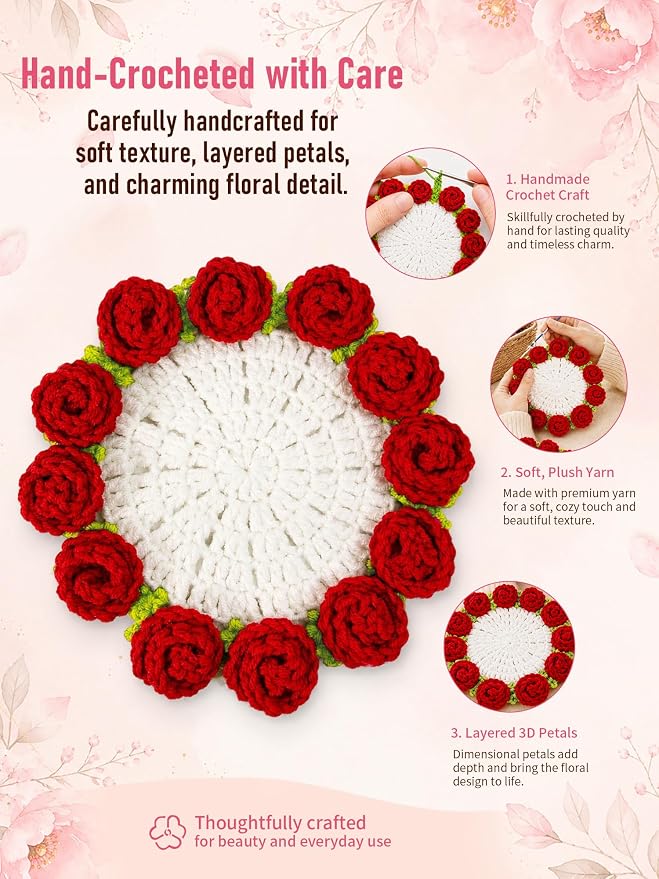 Crochet Flower Bouquet Coasters, Cotton Rose Gifts - Image 4
