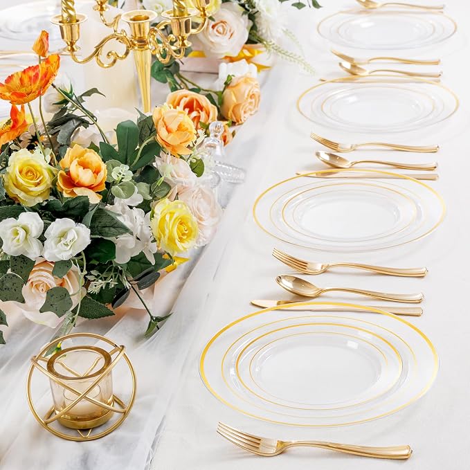 102 Pcs Clear Gold Plastic Plates, Premium Disposable Party Plates | Clear and - Image 6