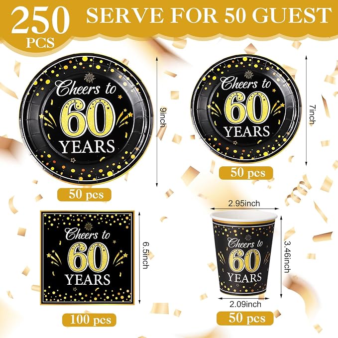 Pickmesh 250 Pcs 60th Birthday Party Supplies Decorations Serve 50 Black Gold - Image 2
