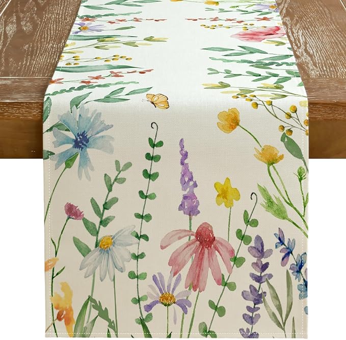 Spring Table Runner 13x72 Inch, Watercolor Wildflower Floral by GEEORY