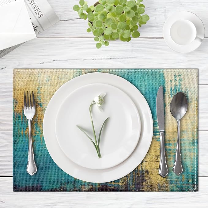Emvency Farmhouse Placemats Set of 6, 12x18 Inch, Teal Modern Gold Blue | - Image 2