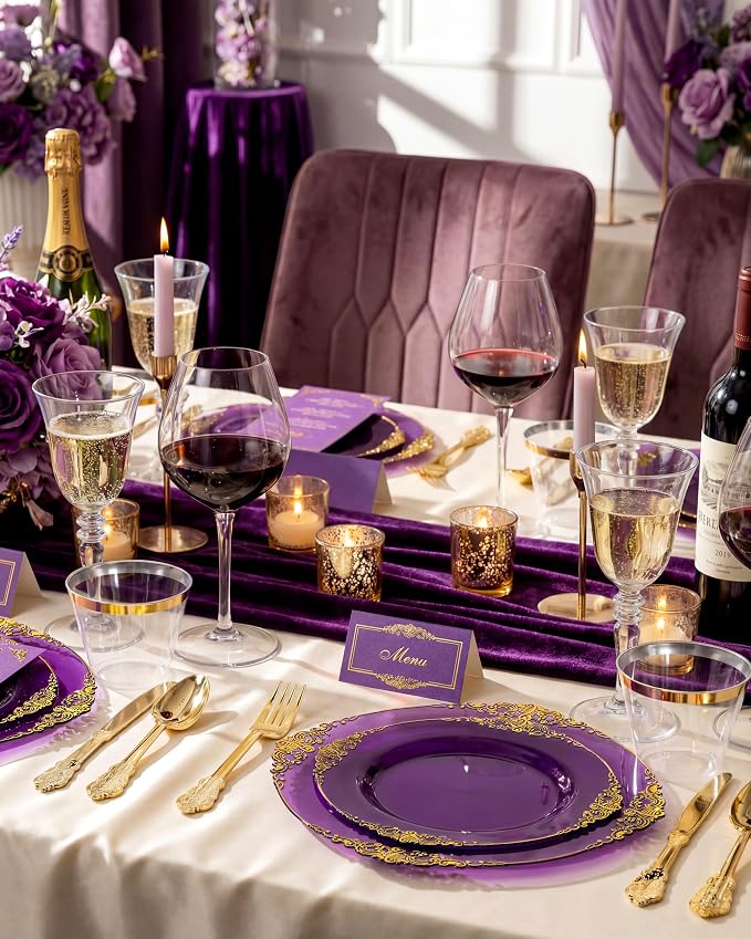 Nervure 350Pcs Purple Plastic Plates, Plastic Dinnerware Set - Image 6