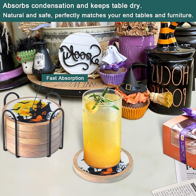 Halloween Coasters Set of 6, Unique Coaster, Minacun Absorbent Coasters - Image 4