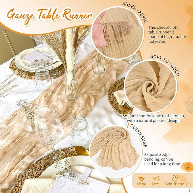 Showgeous 4 Pack Nude Cheesecloth Table Runner, 17 x 108 Inches | Boho - Image 3