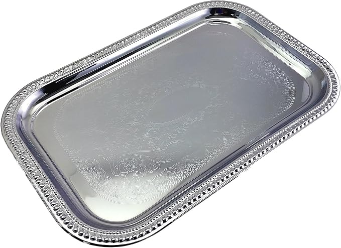 Elegant Floral Engraved Serving Tray Chrome Plated Steel Plate Platter - Image 7