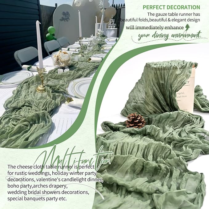 30 Pack Cheesecloth Table Runner 10FT Sage Green Table Runner Boho Gauze Cheese - Image 6