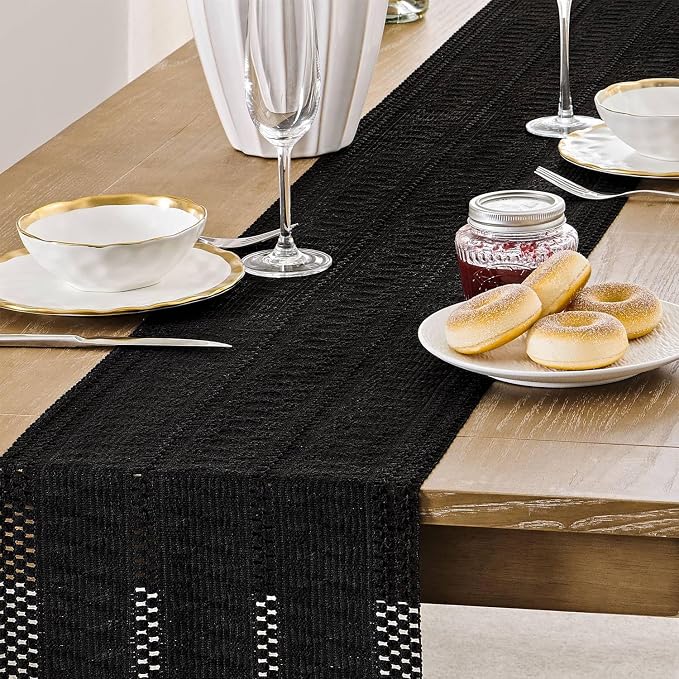 Macrame Style Boho Table Runner, 12x60 Inch Black | Woven Boho Table Runner - Image 5