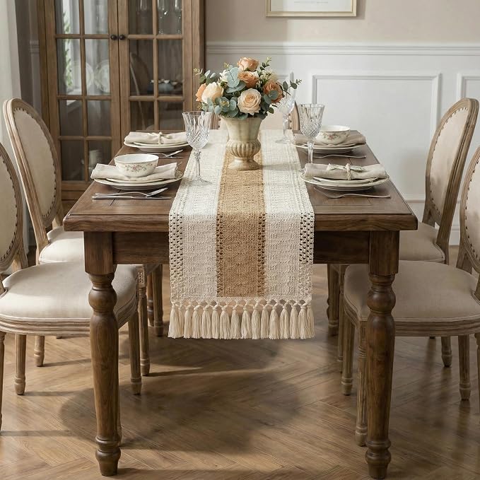Burlap Boho Table Runner Macrame Brown 36in Farmhouse Woven Runner | Burlap - Image 7