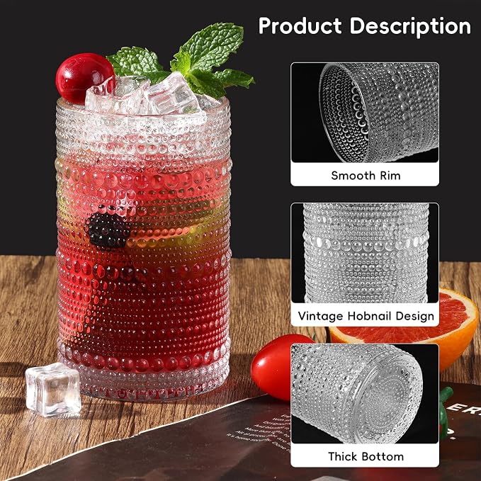 Moretoes 2pcs Hobnail Drinking Glasses, Vintage Glass Cups Set | 12 Oz Highball - Image 5