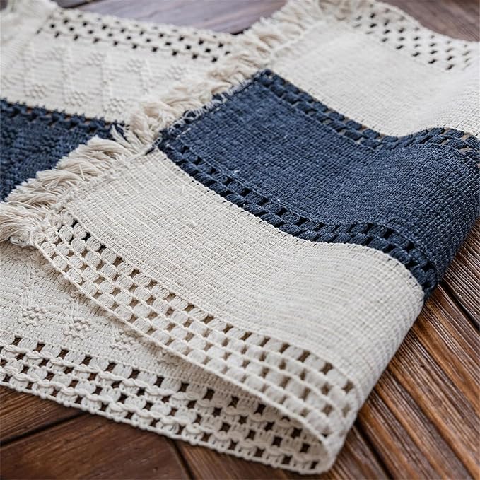 Macrame Table Runne Beige and Blue Boho Table Runners - Image 2