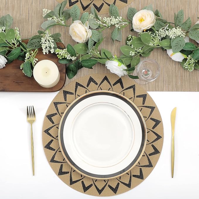 SHACOS 15 inch Round Vinly Placemats Set of 6 Boho Flower Print Place Mats - Image 2