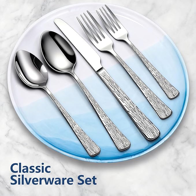 Yoehka 60Piece Hammered Silverware Set, Stainless Steel Flatware Set - Image 3