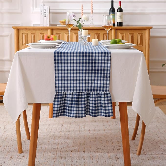 Navy Blue White Plaid Gingham Ruffle Table Runner 108 inches Long 100% Washed by KMASANIJI