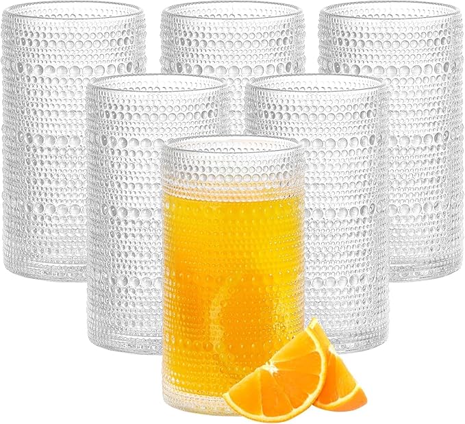 16oz Hobnail Drinking Glasses Set of 6, Vintage Large Capacity Embossed Clear by Unknown