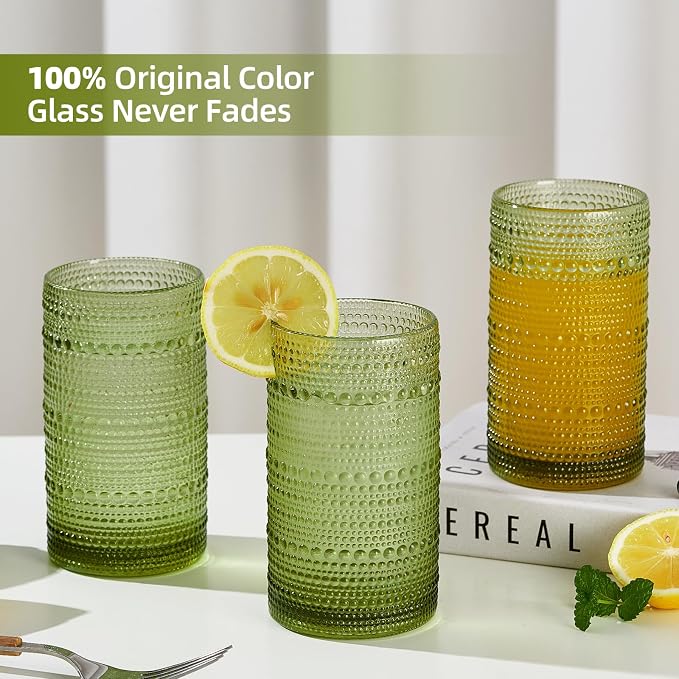 16oz Hobnail Drinking Glasses Set of 12, Vintage Large Capacity Embossed Green - Image 3