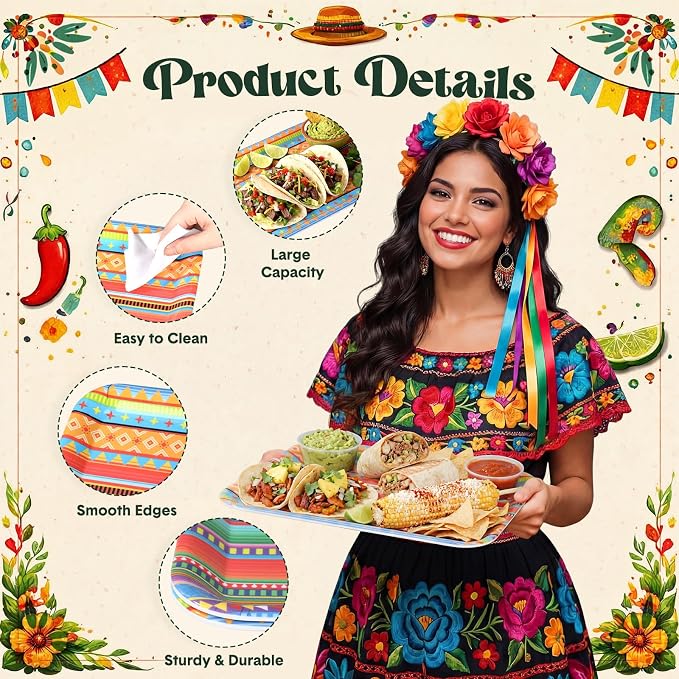 Vesici 4 Pack Mexican Melamine Serving Trays, 13 x 10 in Rectangular Decorative - Image 3