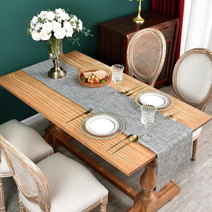 NEWISHER Reversible Double Layer Table Runner Faux Linen Fabric 13x48inch | - Image 2