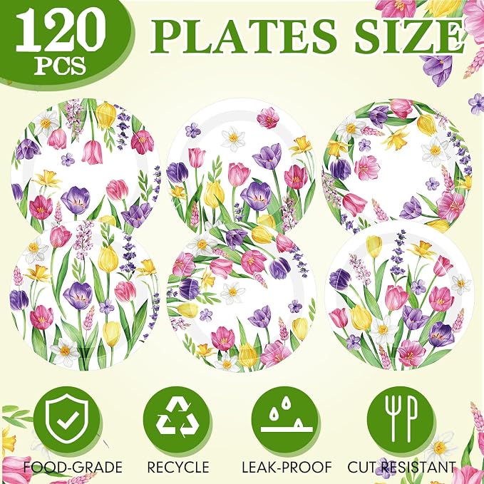120 Pcs Spring Floral Paper Plate 7 Inch Floral Party Plate Tulip Paper Plates - Image 3