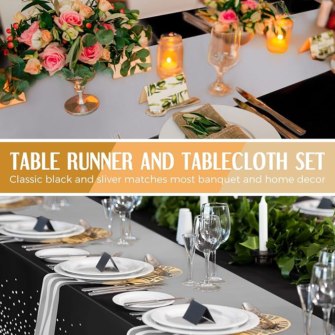 24 Packs Black and Silver Disposable Plastic Tablecloths and Satin Table Runner - Image 5