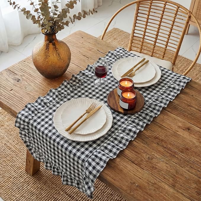 HunnmingRe 1 Pc Gingham Table Runner White and Black, 118 X 13.8 Inch | Cotton - Image 3