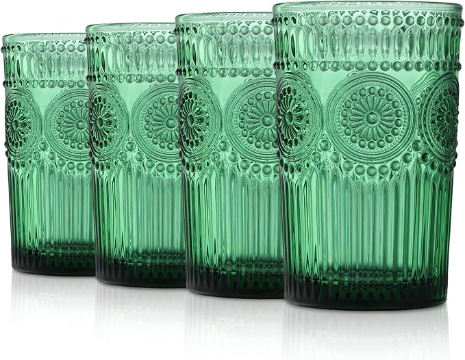 Joeyan Green Vintage Drinking Glasses, Embossed Ribbed Water Glass Cups - Image 8