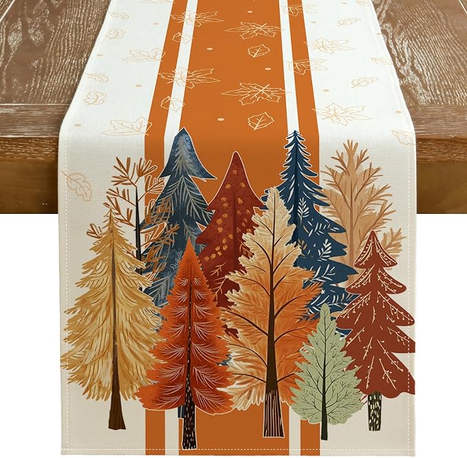 Fall Watercolor Trees & Maple Leaves Striped Table Runner 13x60 Inch, Rustic by GEEORY