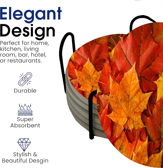 Fall Season Leaves Round Coasters Set of 6 - Image 4