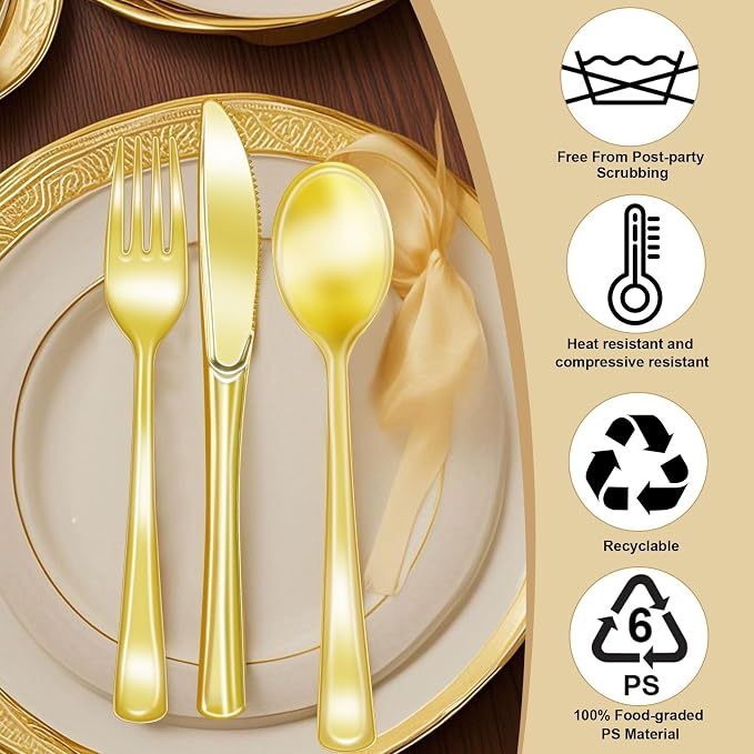 Zcaukya 200 Pieces Gold Plastic Silverware Set | Disposable Cutlery, 100 Forks - Image 3