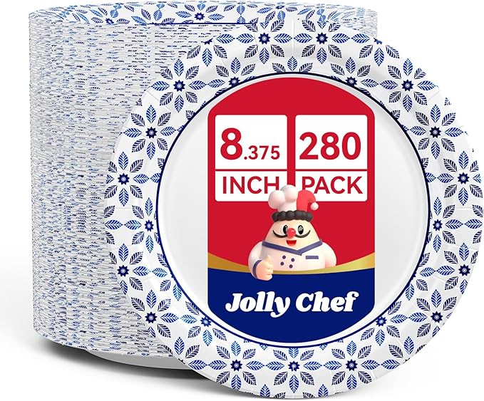 8.37 inch Paper Plates 280 Count Soak Proof, Cut Proof, Heavy Duty Printed by JOLLYCHEF