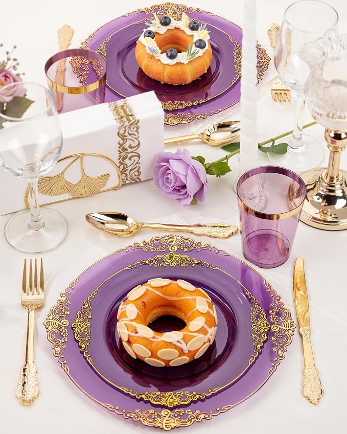 Nervure 350Pcs Purple Plastic Plates, Plastic Dinnerware Set - Image 6