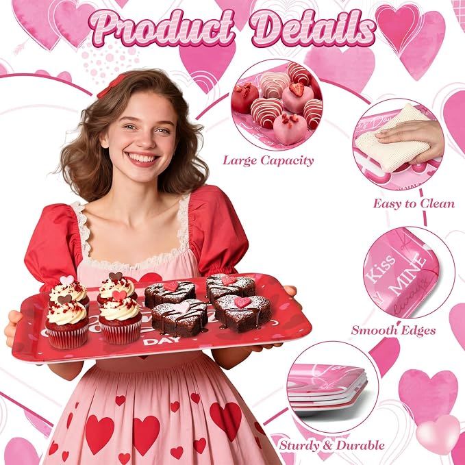 Vesici 4 Pack Valentine's Day Melamine Serving Trays, 13x10 Large Rectangular - Image 3