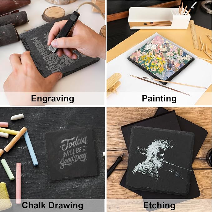 60 PCS Slate Coasters Set, 4 Inch Black Square Stone Coasters Bulk, Laser - Image 4