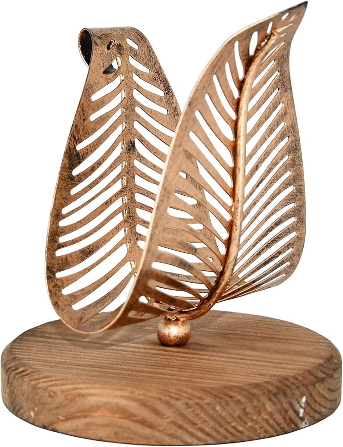 OwlGift Freestanding Modern Napkin Holder w/Bronze Metal Leaf & Brown Wooden by Owlgift
