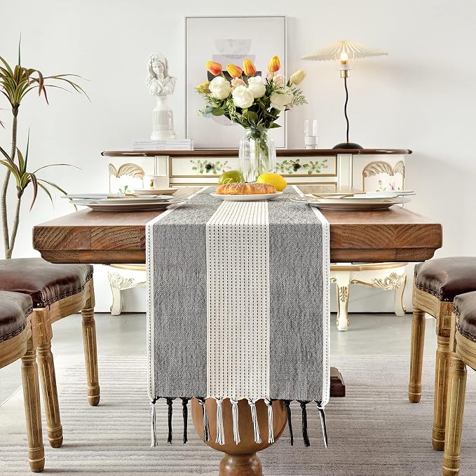 Wracra Linen Table Runner, Stripe Table Runners 90 Inches Long Black | Delicate - Image 4