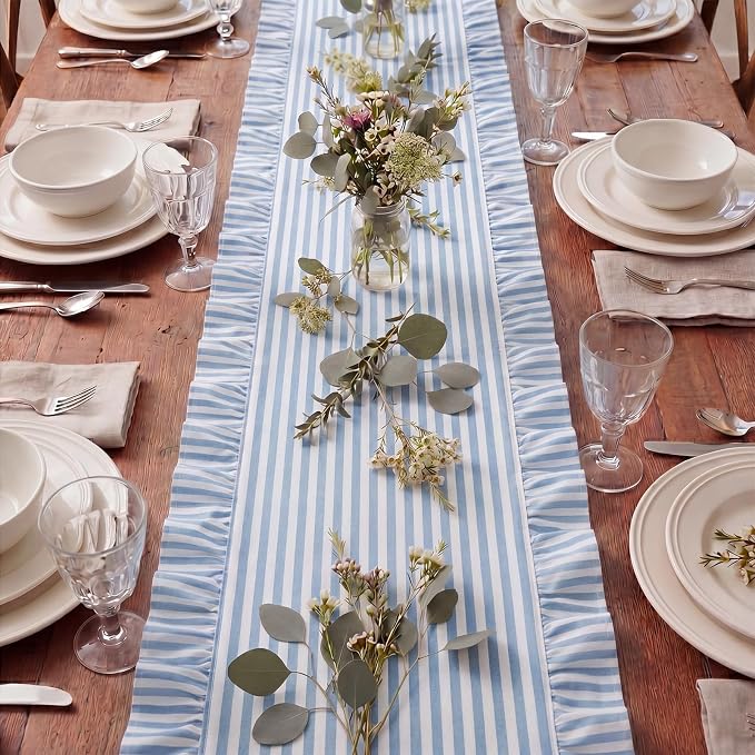 HunnmingRe Ruffle Trim Boho Table Runner Farmhouse Rustic Stripes Scalloped - Image 5